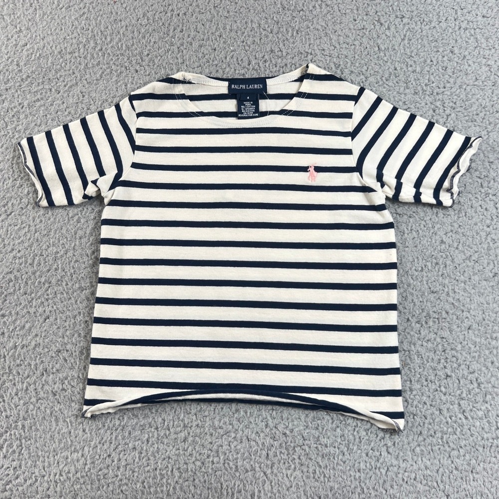 Ralph Lauren T-Shirt Girls 4 White Navy Striped Short Sleeve Lettuce Trim Pony